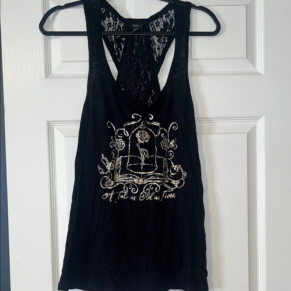 Disney Black Lace-Back Tank with Gold Storybook Graphic
